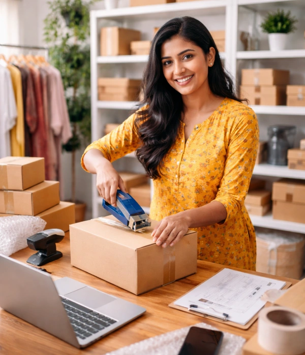 Woman packing eCommerce orders in a small business workspace for an online store